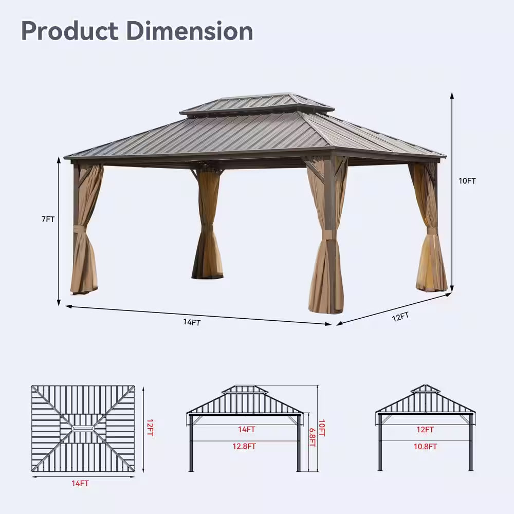 12 Ft. X 14 Ft. Aluminum Outdoor Gazebo Double Galvanized Steel Roof with Ceiling Hook, Mosquito Netting and Curtains