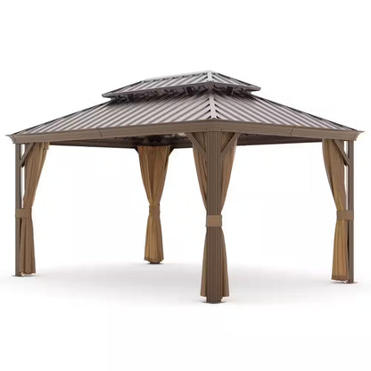 12 Ft. X 14 Ft. Aluminum Outdoor Gazebo Double Galvanized Steel Roof with Ceiling Hook, Mosquito Netting and Curtains
