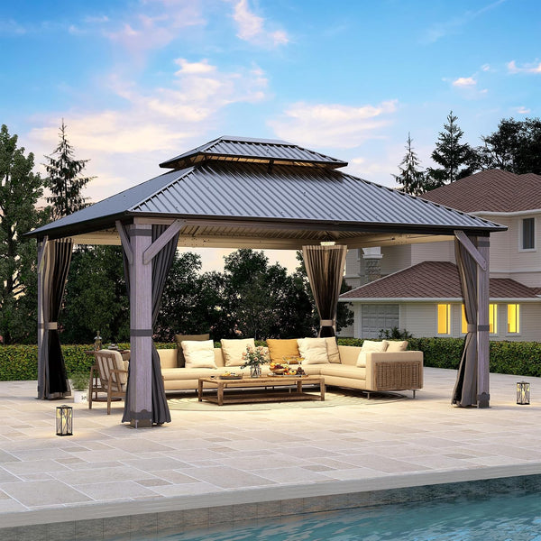 Wood Gazebo Built for Outdoor Entertaining, 12x14 Cedar Frame, Double Vented Steel Roof, Netting & Curtains