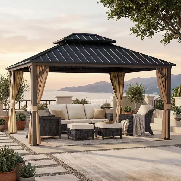 Outdoor Gazebo Built for Year-Round Use, 12x14 Ft Aluminum Frame, Double Galvanized Steel Roof, Mosquito Netting