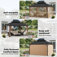 12 Ft. X 14 Ft. Aluminum Outdoor Gazebo with Double Galvanized Steel Roof, Mosquito Netting and Curtains