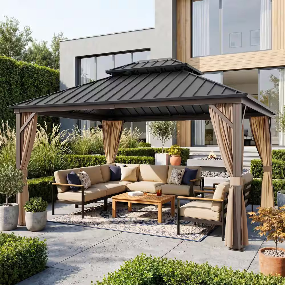 12 Ft. X 14 Ft. Aluminum Outdoor Gazebo Double Galvanized Steel Roof with Ceiling Hook, Mosquito Netting and Curtains