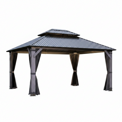 Wood Gazebo Built for Outdoor Entertaining, 12x14 Cedar Frame, Double Vented Steel Roof, Netting & Curtains