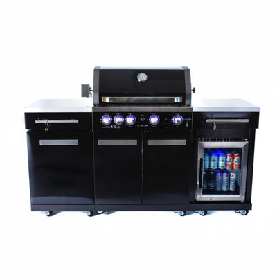 Outdoor Kitchen Island Built for Premium Entertaining, 70 Inch Black Stainless Steel, 4-Burner Grill, Built-In Refrigerator