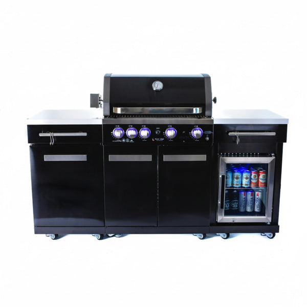 Outdoor Kitchen Island Built for Premium Entertaining, 70 Inch Black Stainless Steel, 4-Burner Grill, Built-In Refrigerator