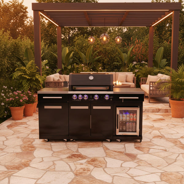 Outdoor Kitchen Island Built for Premium Entertaining, 70 Inch Black Stainless Steel, 4-Burner Grill, Built-In Refrigerator