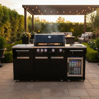 Outdoor Kitchen Island Built for Premium Entertaining, 70 Inch Black Stainless Steel, 4-Burner Grill, Built-In Refrigerator