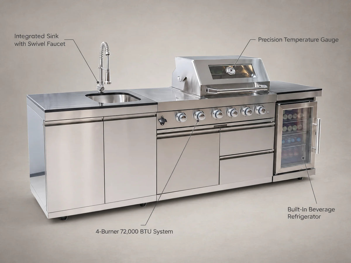 BBQ Island Outdoor Kitchen Kits, 4-Burner 72000 BTU Stainless Steel Modular 98 Inch Natural Gas Outdoor Kitchen Bar Barbecue Island Grill with Refrigerator and Sink for Patio Backyard — Feature Infographic
