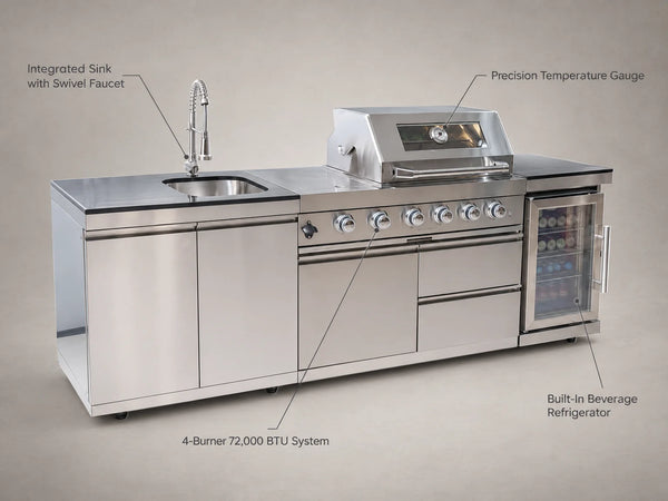 BBQ Island Outdoor Kitchen Kits, 4-Burner 72000 BTU Stainless Steel Modular 98 Inch Natural Gas Outdoor Kitchen Bar Barbecue Island Grill with Refrigerator and Sink for Patio Backyard — Feature Infographic